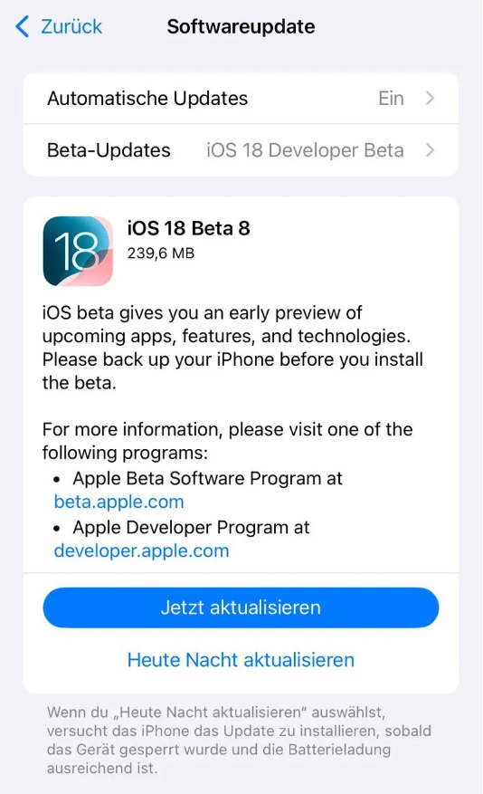 桦甸苹果手机维修分享苹果 iOS / iPadOS 18 开发者预览版 Beta 8 发布 